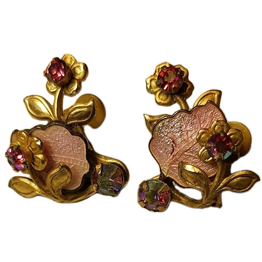 Vintage Floral Pink Earrings‎ Screw Back Granny Core Jewelry Small Flowers